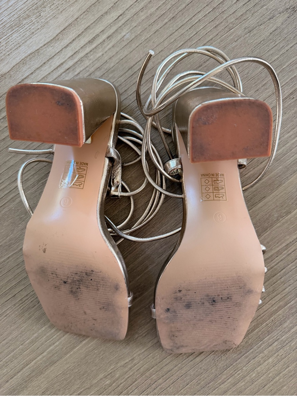 Gold Strappy Block Heel Sandals with Ankle Wrap Worn once - Picture 8 of 8